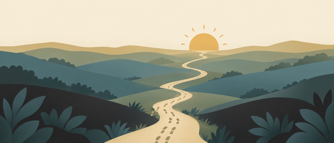 Two sets of footprints along a winding trail toward the rising sun