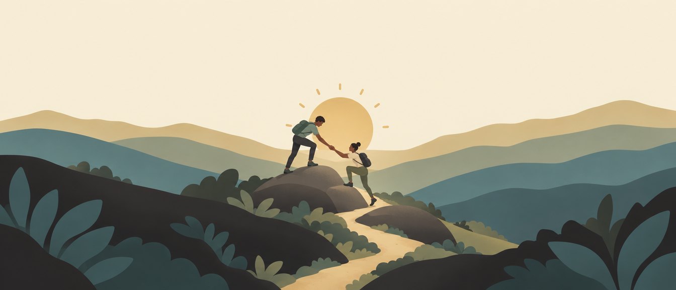 One person on a rock step reaching down to help another up, at sunrise