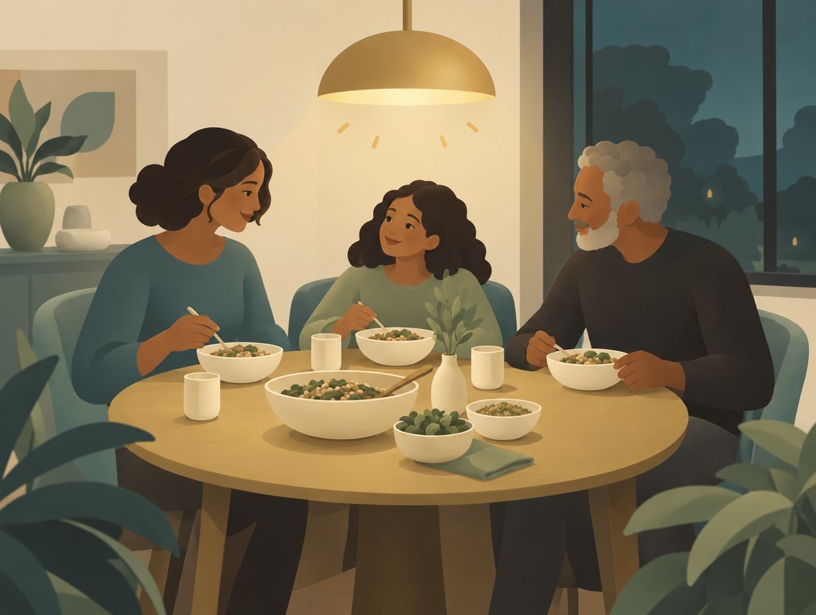 Three people sharing a home-cooked dinner under a warm lamp