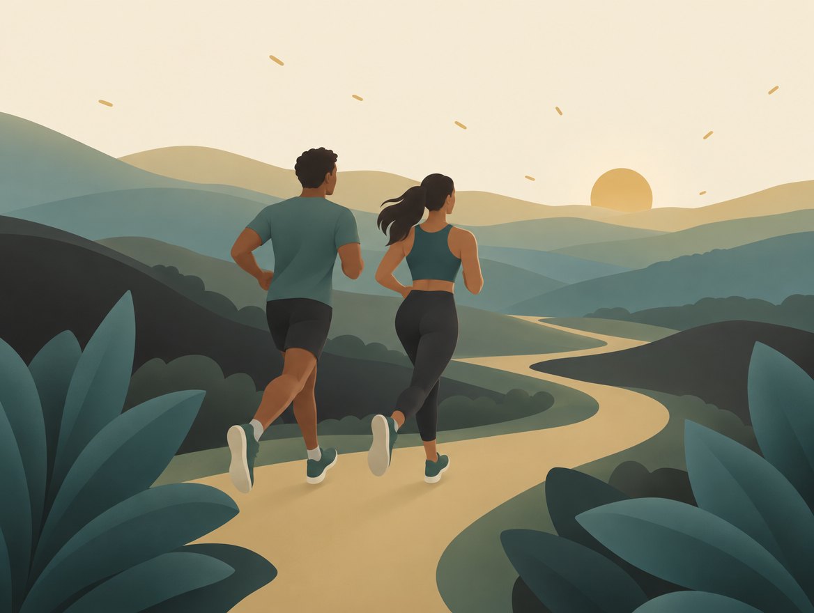 Two people running a morning road together at sunrise