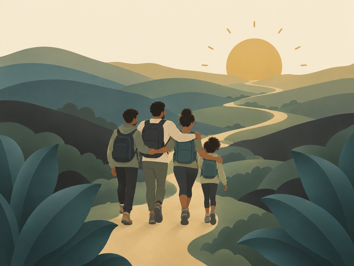 A family walking a sunrise trail together through layered hills