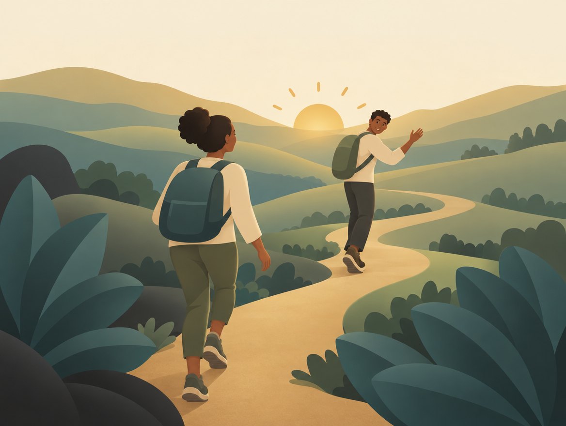 One person on a sunrise path turning back to wave a friend along