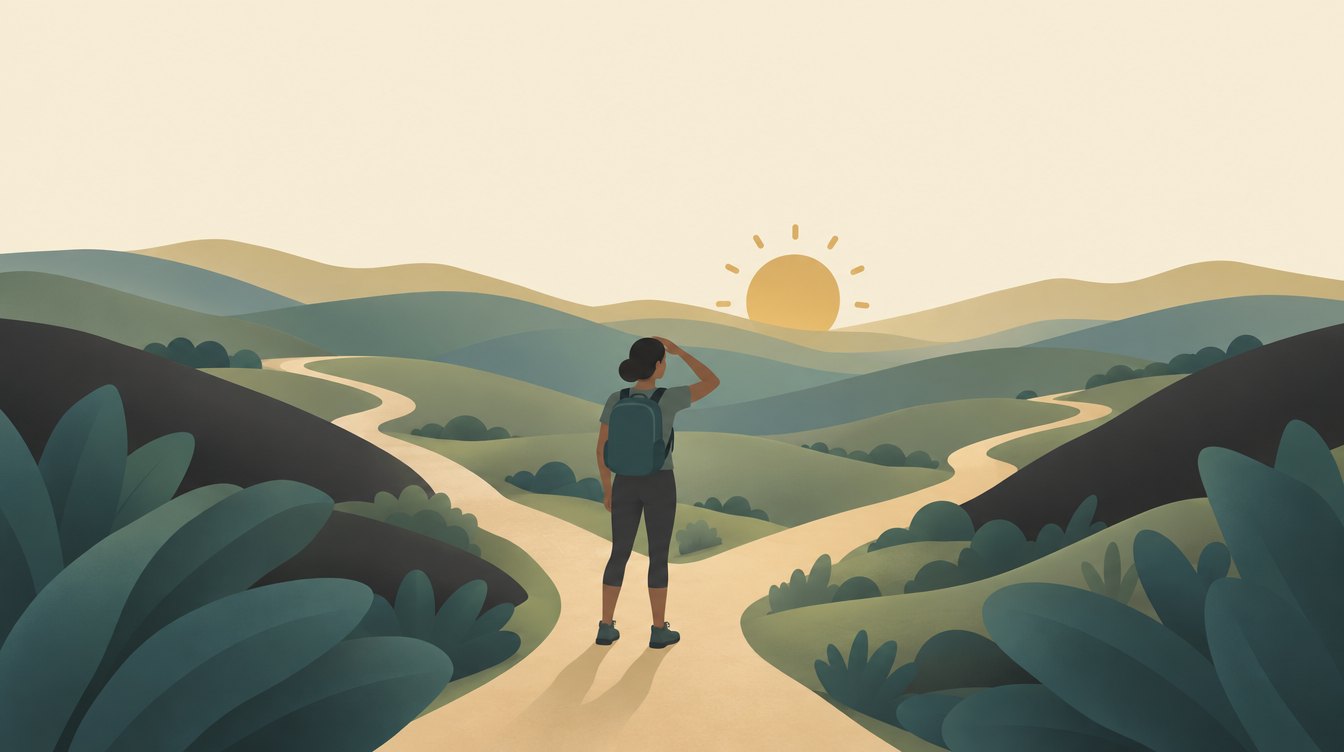 A walker shading their eyes at a fork in a trail through sunrise hills
