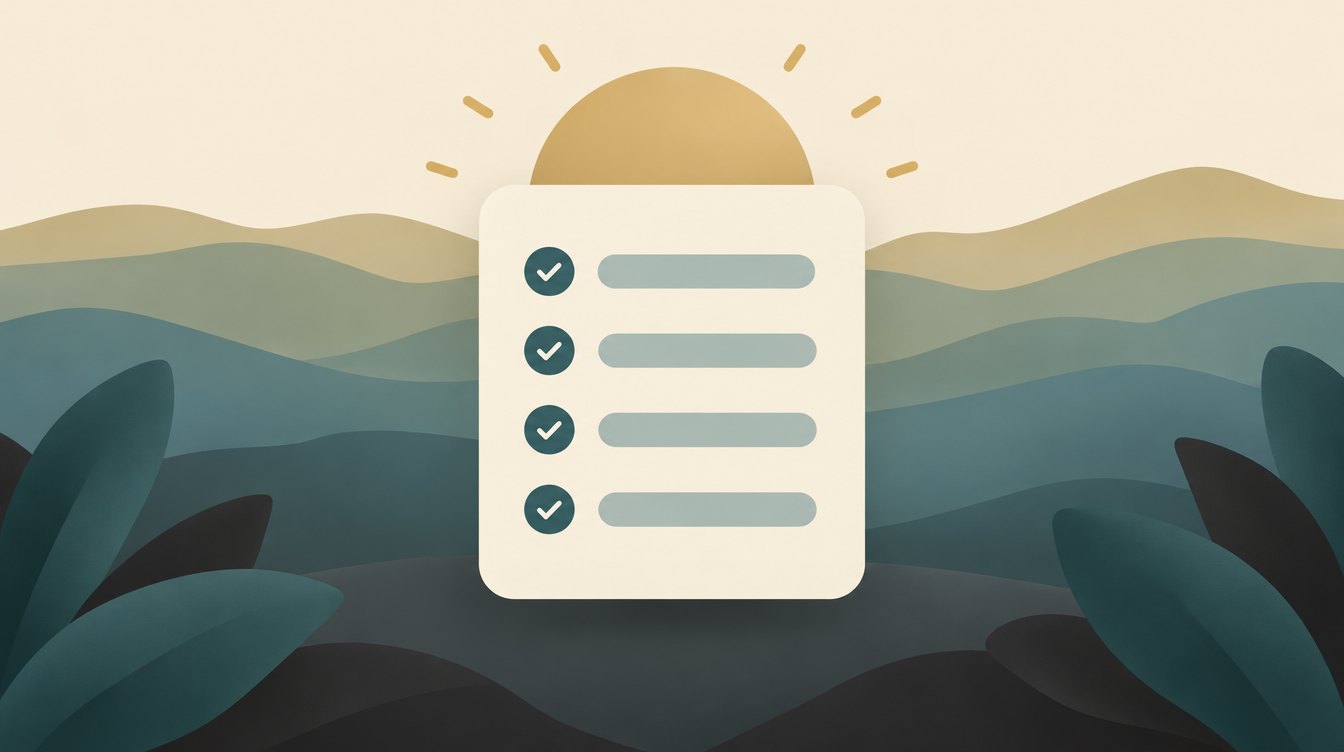 A checklist card in front of a low sun over layered ridges